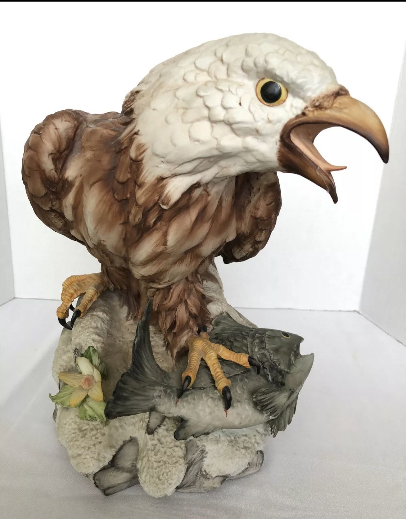 Capodimonte Bald Eagle With Fish Statue - Vintage Nature Art Figure