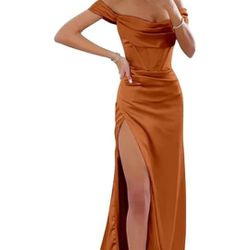Burnt Orange. Off Shoulder, Satin, Corset Formal Dresses With Side Slit - Size 12