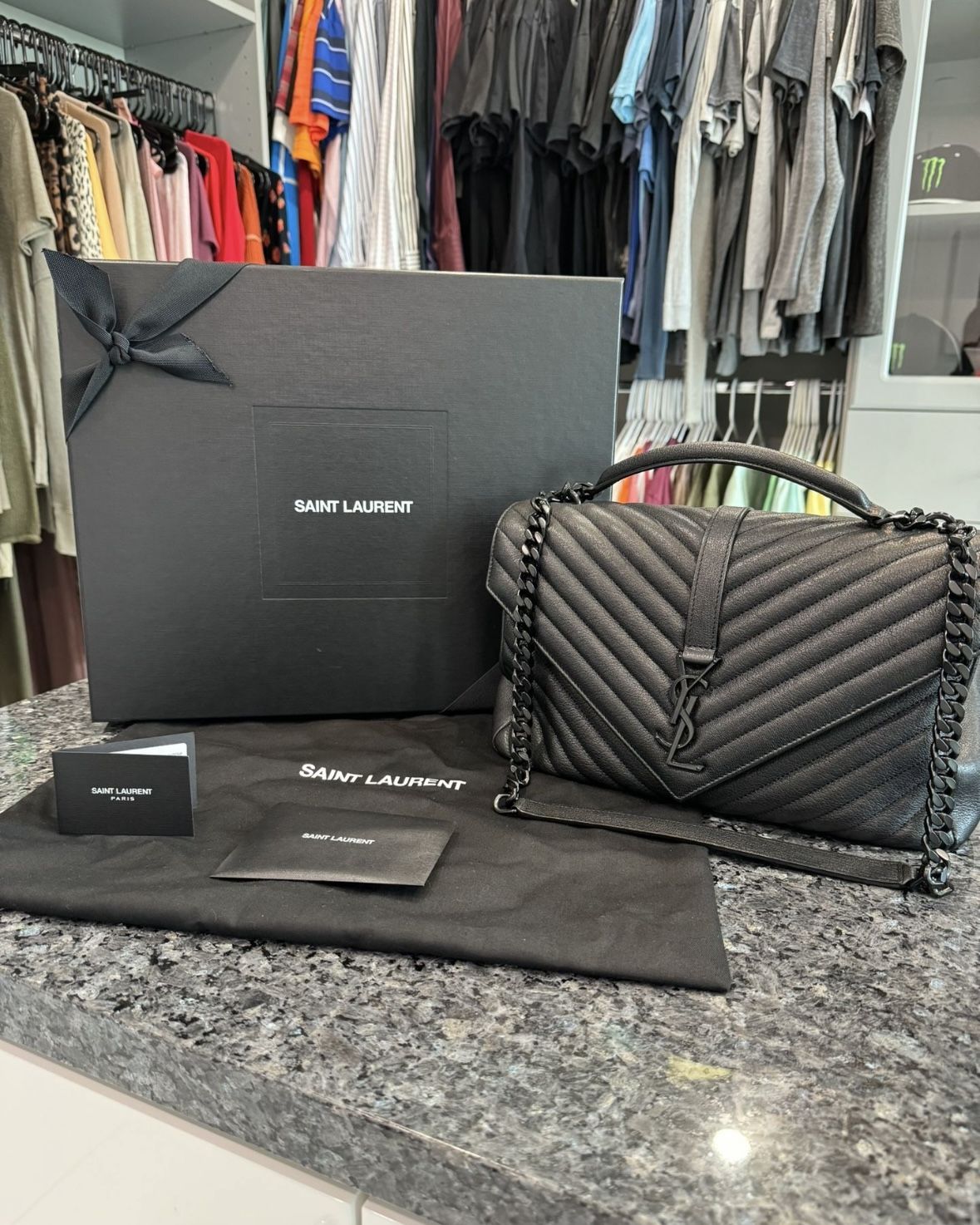 College Large Flap YSL Shoulder Bag in Quilted Leather