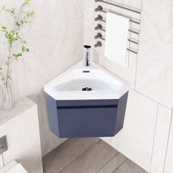 Corner Bath Vanity in White/Blue with White Top with White Sink