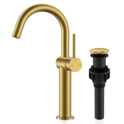 KENES Brushed Gold Tall Bathroom Faucet, Single Handle Vessel Sink Faucet Single Hole, Modern Bathroom Vanity Faucet With Pop Up Drain And Supply Line