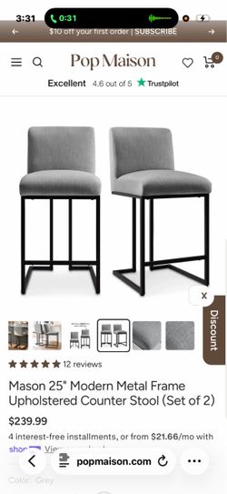 Pop Maison Mason 25" Modern Metal Frame Upholstered Counter Stool (Set of 2)