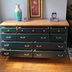 Stunning beautiful refinished dresser real wood in green color 