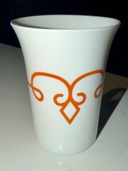 Starbucks White Ceramic Mug Orange Scroll Design