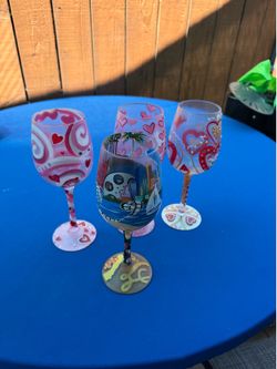 4 painted wine glasses