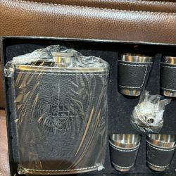 Stainless Steel Leather Wrapped Flask With Shot Cups And Funnel In Gift Box