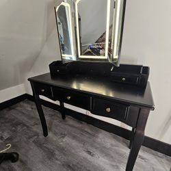 Black Vanity Table with Light-Up Tri-Fold Mirror & Drawers
