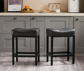 Black Bar Stools Set of 2, Modern Counter Height, 24 Inch Kitchen Barstools with Black Metal Base, PU Leather Saddle Seats for Kitchen Island