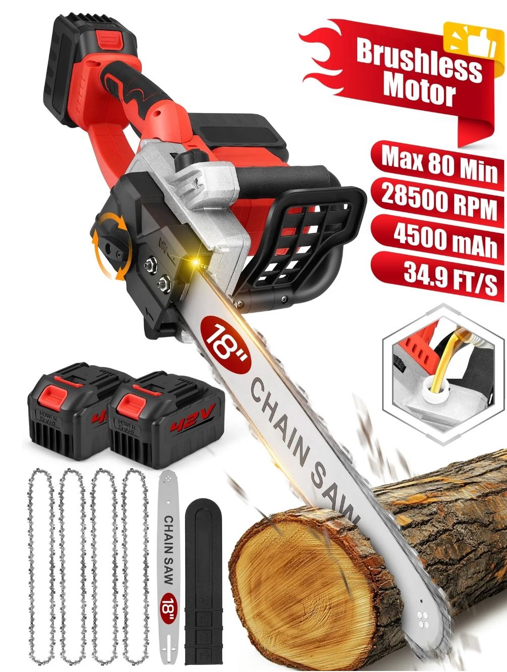 18-inch Cordless Electric Chainsaw with Brushless Motor