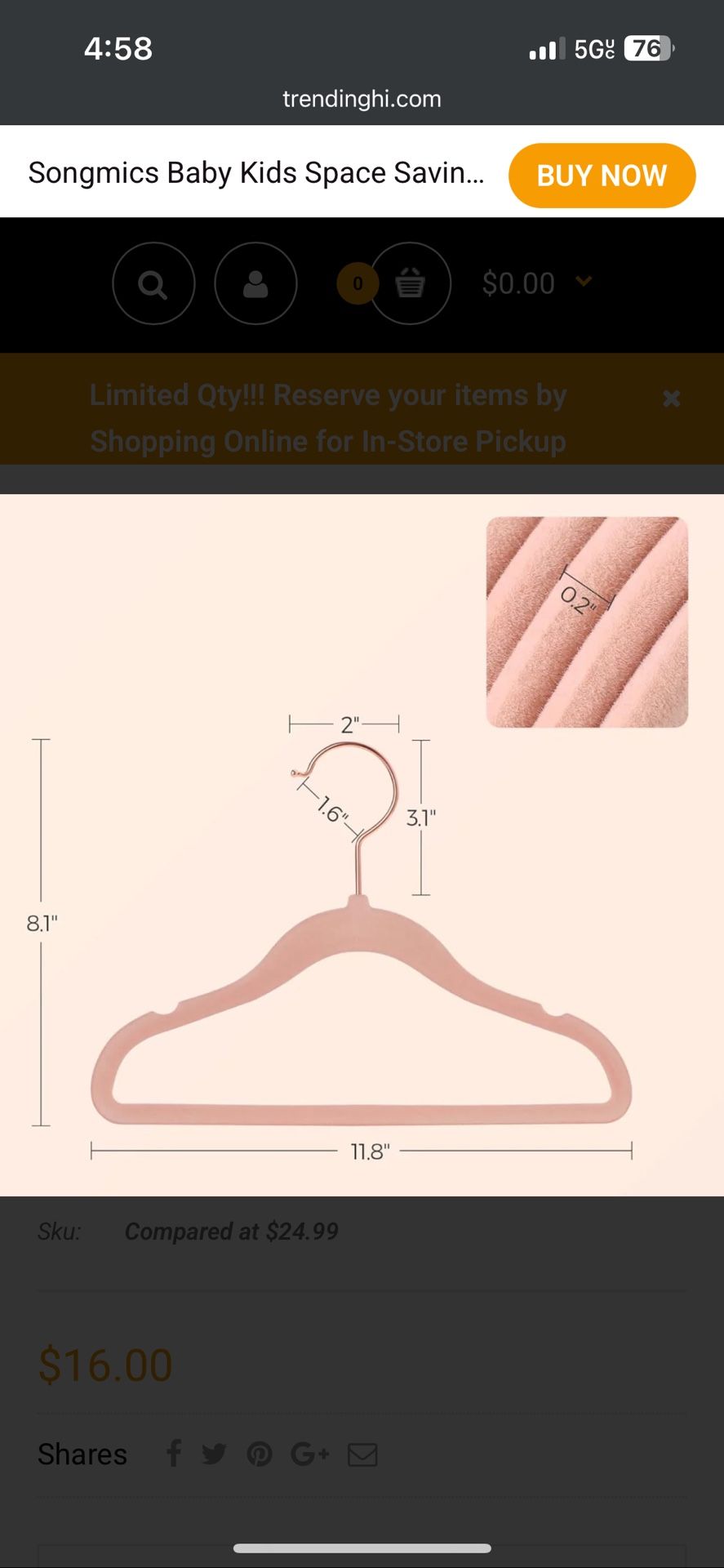 Songmics Baby Kids Space Saving Clothes Velvet Hangers 50pk - Pink