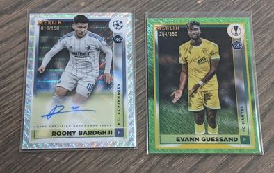 2 Serialized Auto Topps 2022-23 Merlin Soccer Bardghji auto 1/150 & Guessand 1/350.
