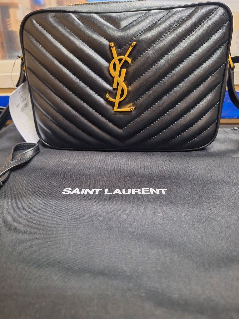 YSL Lou Medium Monogram Black/Gold Leather Camera Bag New