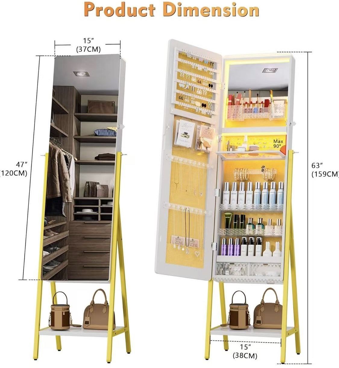 ✌️ LED Mirror Jewellery Cabinet, 63” White Full Length Mirror with Storage, Lockable Standing Jewellery Armoire Organiser with Large Storage Capacity