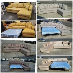 NEW 9X7FT  AND 7X9FT SECTIONAL WITH SLEEPER CHAISE.  MARIGOLD, DARK  GRANITE, LIGHT GREY, AND VELVET CREAM FABRIC  SLEEPER CHAISE/ More Color Availabl