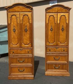 Antique Pair of Tall Wood Armoire Cabinets with Drawers