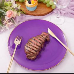 PULOTE 100PCS Purple Plastic Plates - Disposable Purple and Gold Plates Include 50 Dinner Plates 10.25 Inch and 50 Dessert Plates 7.5 Inch for Party&B