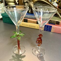 Set Of 2 Hand Blown Art 10” Martini Glasses Monkey Palm Tree By Yurana Design