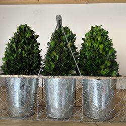 3 Faux  Potted Topiaries in Wire Basket With Handle