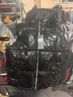 Black shiny hooded puffer vest