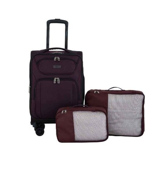 Travelers Club 3-Piece Rolling Soft side Travel Luggage Set Mauve Wine Red carry on 22 inches New In Box