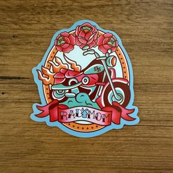 Colorful Dutch Bros sticker with motorcycle and roses. Bright pink and red accents. Teal and light blue background. Bold graphic and clean lines. Peel