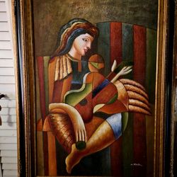 1960's Cubist Oil Painting of a Man with a Guitar by W. MIRKIN Antique Frame 24"×36"