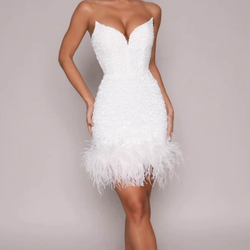 NWT Moda Glam Ziva Strapless Sequin Mini Dress w/ Feather Trim