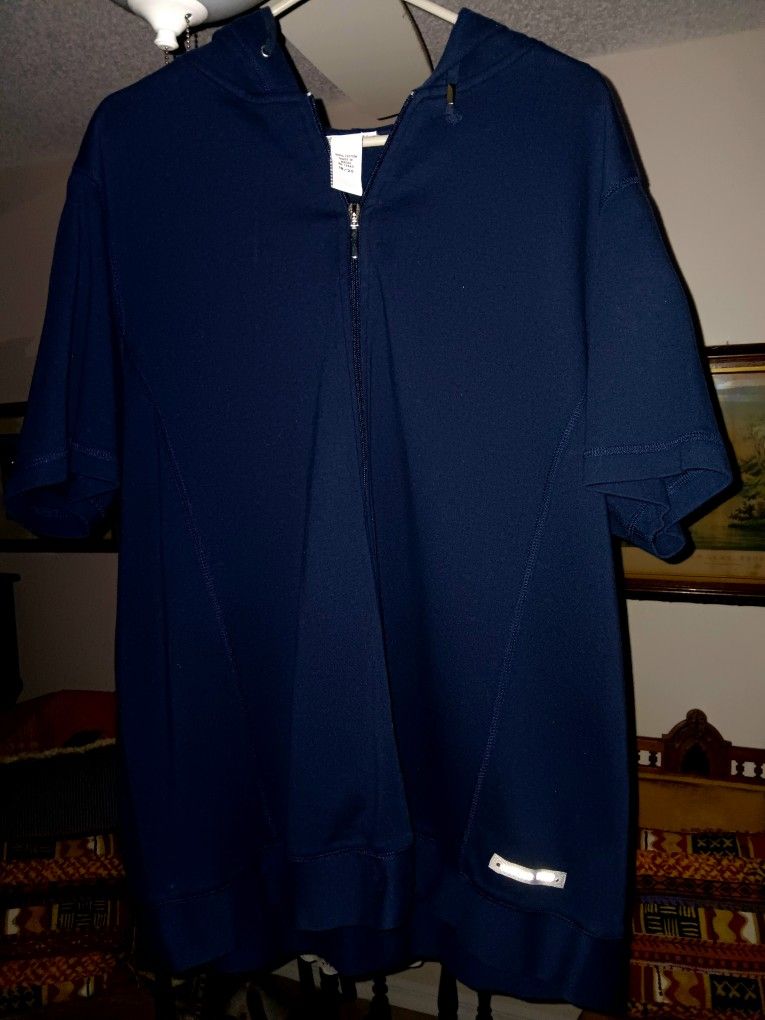 New Long Blue Short Sleeve Knit Hoodie Top