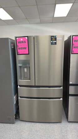 New scratch and dent Frigidaire gallery 27 cu ft stainless steel 4 door fridge . 1 year manufacturing warranty