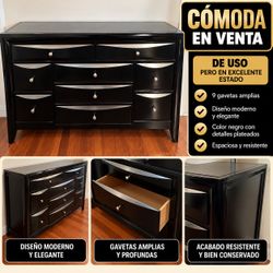 Cómoda de 9 Gavetas – Color Negro con Detalles Plateados – Moderna y Elegante