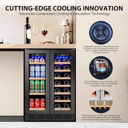 24" Dual Zone Wine & Beverage Refrigerator – Under Counter Cooler with Upgraded Cooling & Blue LED Light, Hold 20 Bottles and 88 Cans Large Capacity W