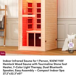 Indoor Infrared Sauna for 1 Person, 930W/110V Hemlock Wood Sauna with Tourmaline Stone foot Heater, 7-Color Light Therapy, Dual Bluetooth Speaker, Eas