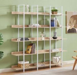 70.90 in. H x 70.90 in. W White and Oak 5-Tier Vintage Industrial Style Bookcase with Adjustable Foot Pads