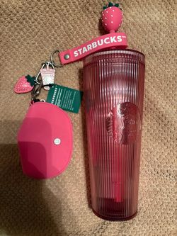Starbucks Pink Strawberry Tumbler & Keychain Set and Glass Tumbler