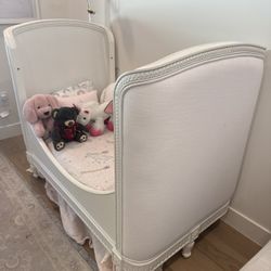 Restoration Hardware Belle Upholstered Crib - Aged White (railings included but not pictured) and toddler Bed Kit (pictured) 
