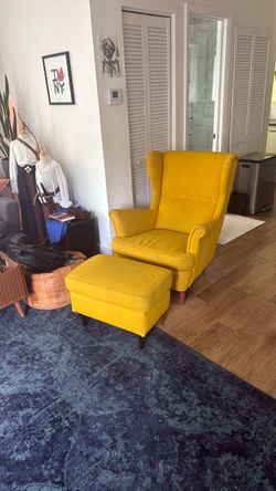 Yellow Wingback Armchair with Wooden Legs