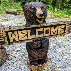 45" Chainsaw Carved Welcome Bear Sculpture 