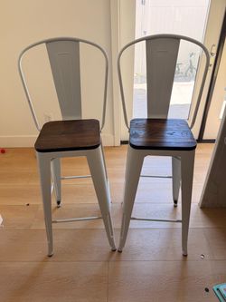 White Metal Bar Stools with Wood Seats – Set of 2