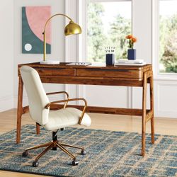 Mid-Century Modern Wood Desk – Solid Acacia, Two Drawers