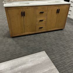 72” Bathroom Vanity In Wood Color With Double Sinks Countertop
