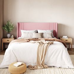 Queen Size Low-Profile Velvet Upholstered Platform Bed with Wingbacks