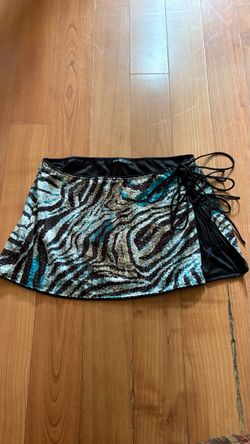 SHEIN Zebra Sequin Lace-Up Side Cutout Mini Skirt Blue Brown Sz 8/10