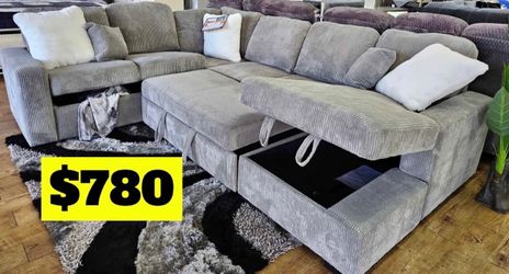 Gray Corduroy Sectional Sofa with Storage
