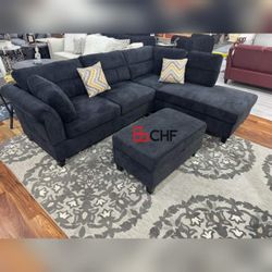 Fabric Sectional Sofa with Right Facing Chaise, Storage Ottoman, and 2 Accent Pillows // Colors Available 