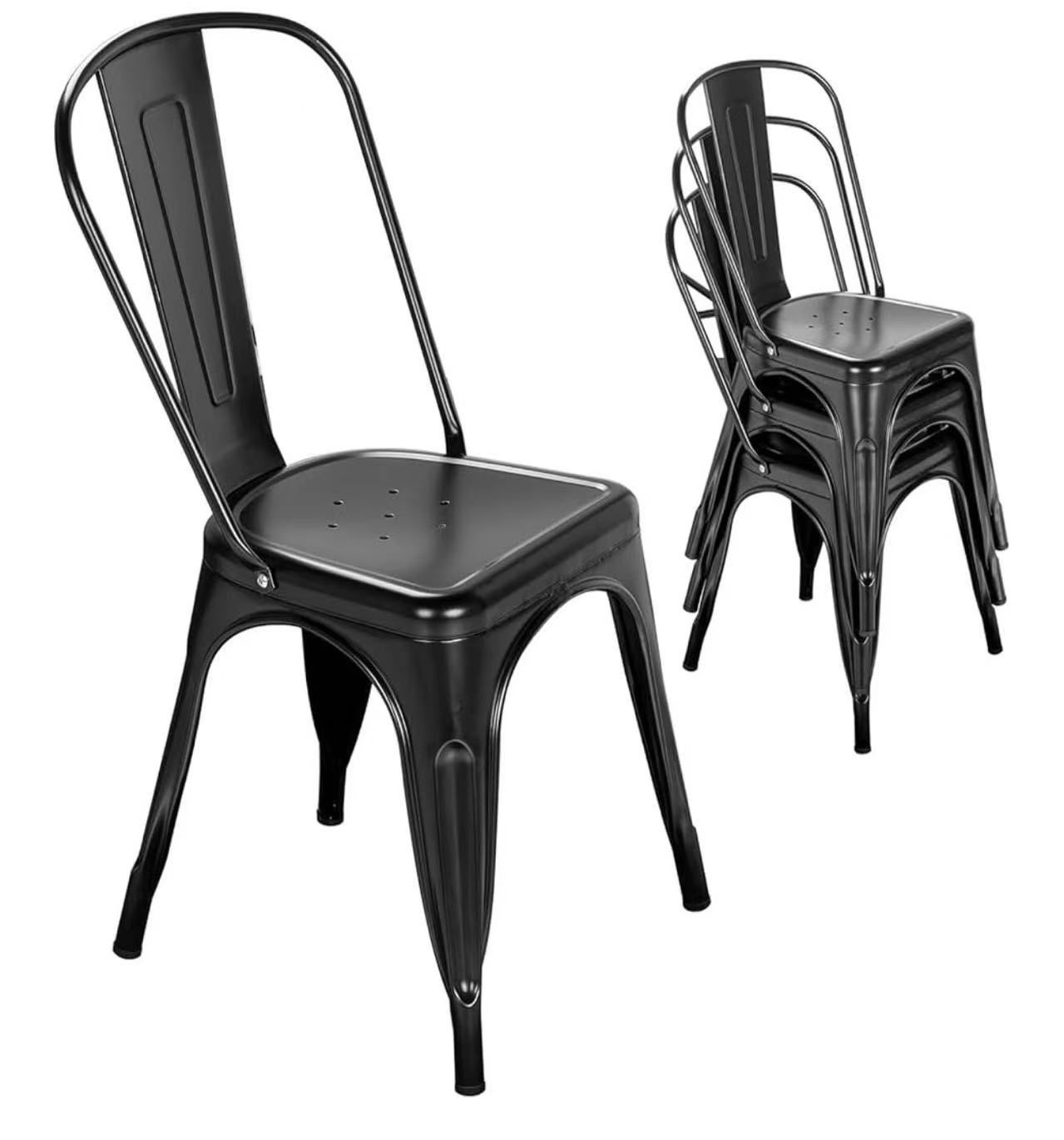 Metal Indoor-Outdoor Chairs Distressed Style Kitchen Dining Chairs Stackable Side Chairs with Back Set of 4 (Black)