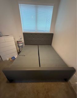 King Size Upholstered Bed Frame – Gray Tufted Headboard – Moving Sale