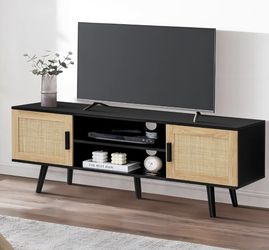 Modern mid-century TV stand in natural wood + black finish