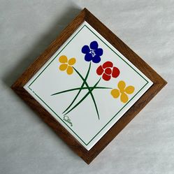 Vintage Wood Framed Ceramic Saltera Floral Tile Trivet