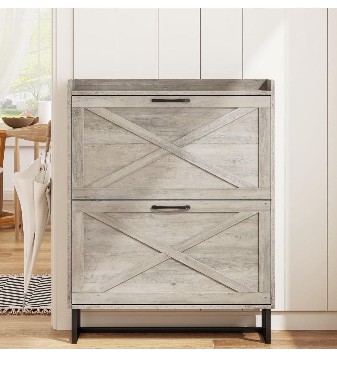 Shoe Cabinet with 2 Flip Drawers, Freestanding Organizer entry way hallway cabinet washed gray grey