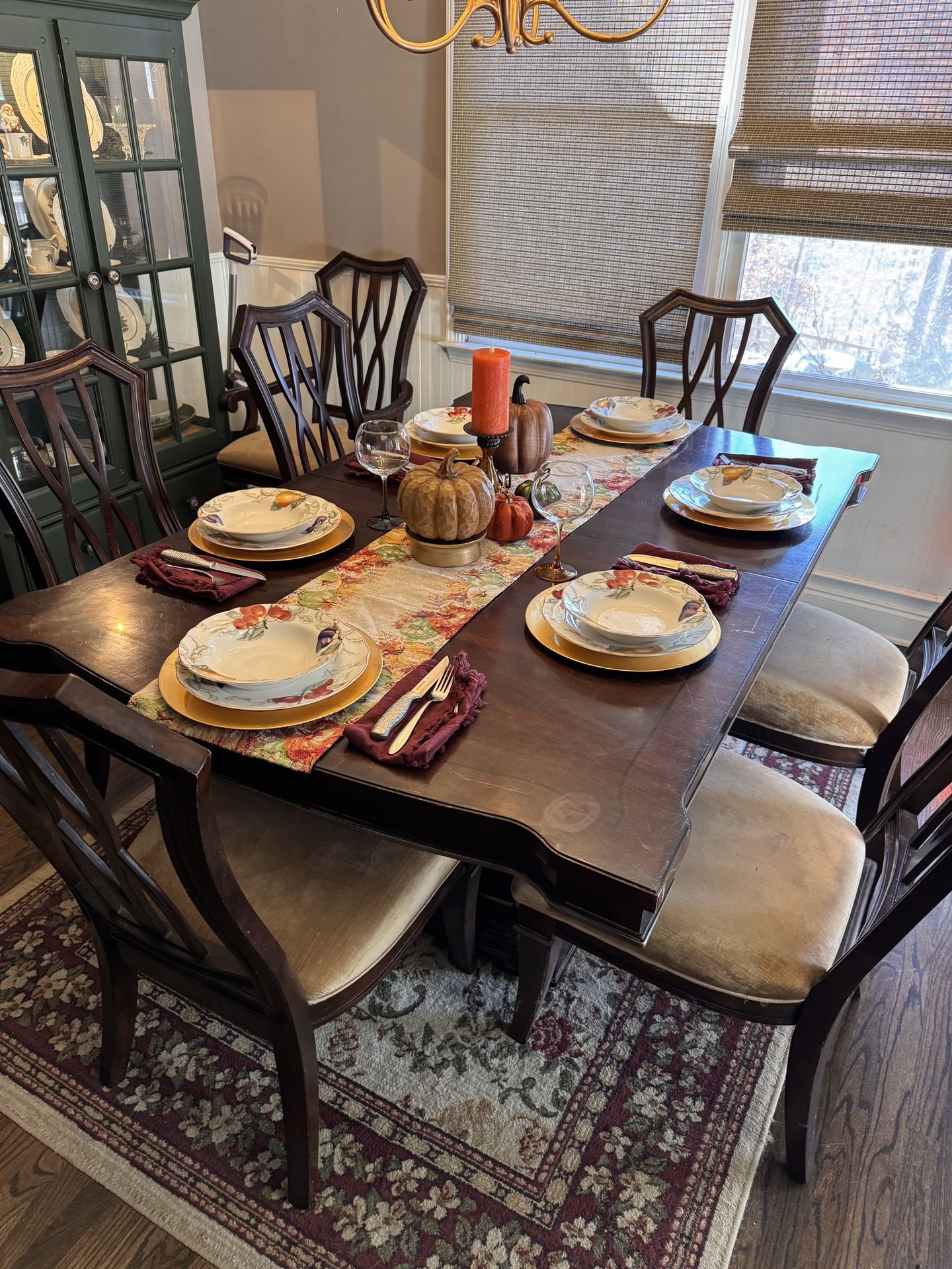 Solid Wood Dining Table And 8 Cushioned Chairs.